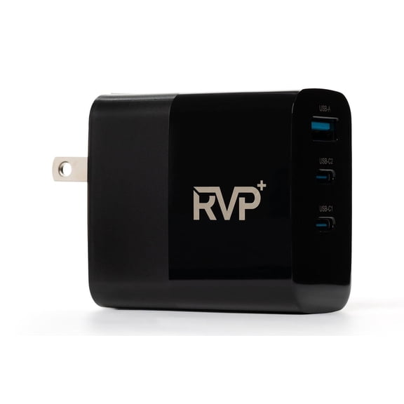 RVP  65W GaN Power Adapter, 3-Port USB-C & USB-A Fast Charger, Compact Wall Charger for Laptops, Smartphones, Tablets - Black