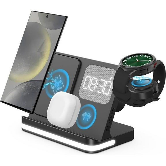 4 in 1 Wireless Charger with Alarm Clock Compatible for Galaxy Watch 7/Ultra/FE/6/5 Pro Galaxy S25/Ultra/S25 /S24/S23/Note 20/Z Flip 6/5 Fold 6/5 Galaxy Buds 3/2/Pro Multiple Devices Charging Station