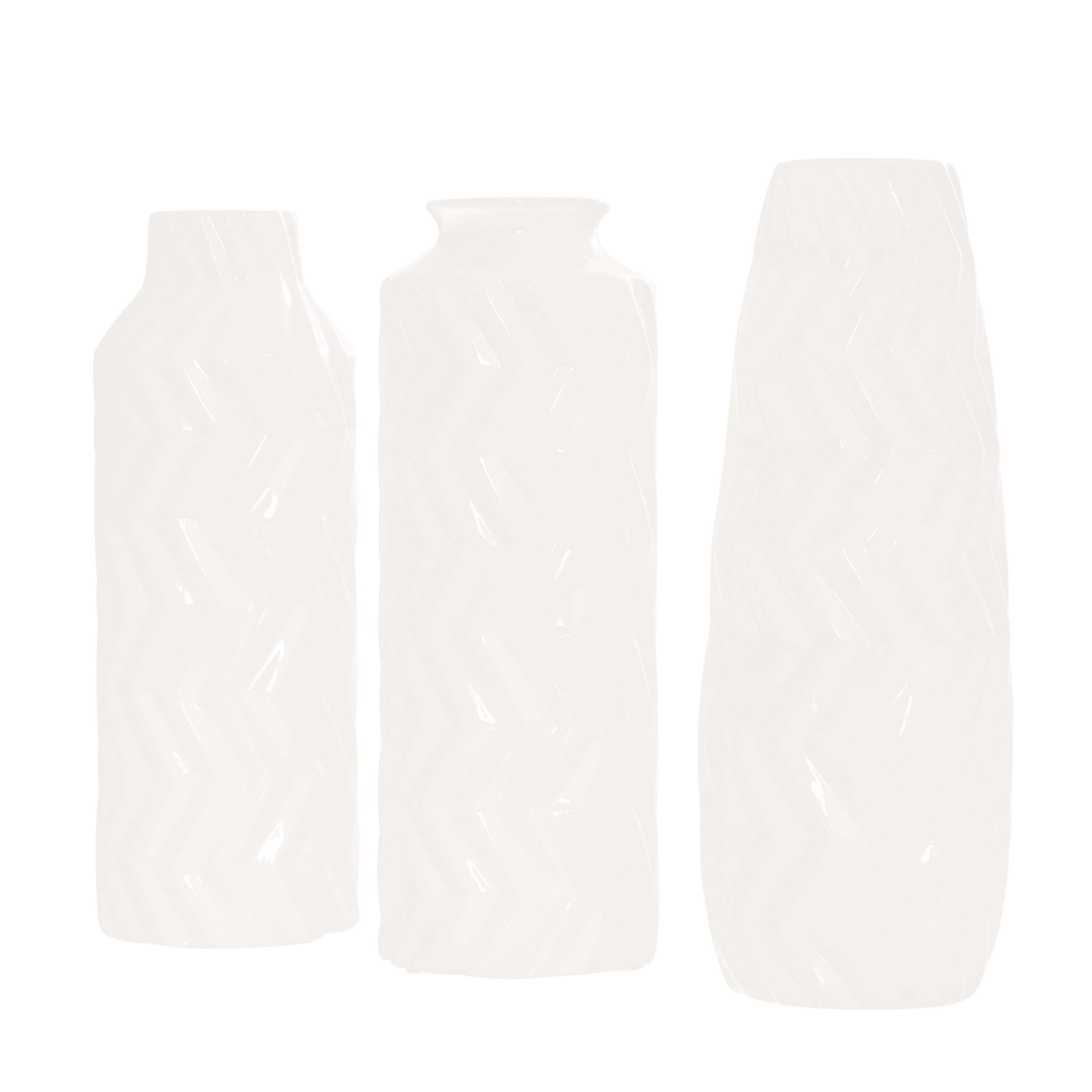 DecMode 4"W, 11"H Dimensional Chevron Textured White Ceramic Vase with Varying Shapes, Set of 3