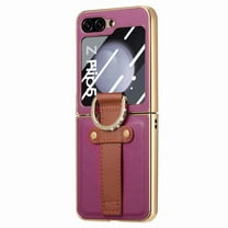 Dteck for Samsung Galaxy Z Flip 5 Case with PU Leather Wrist Strap, Finger Ring Holder, Small Screen Film, Galaxy ZFlip5 2023 Ultra Slim Shockproof Fashionable Practical Phone Cover, Purple