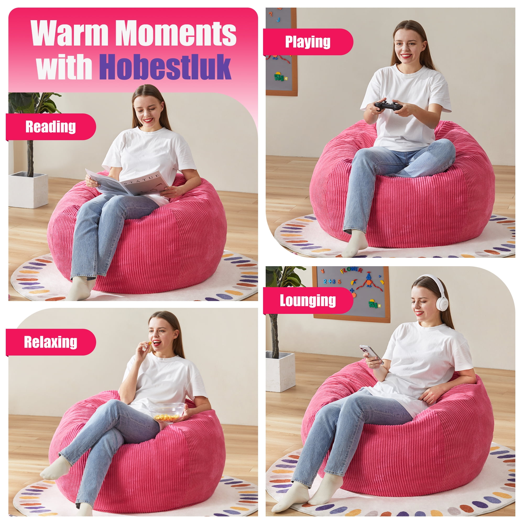 3.5FT Bean Bag Chair, Teardrop Large Bean Bag with Filler Included, Removable Cover for Bedroom Living Room, Pink