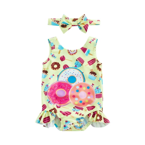 Qmyliery Kids Girls Casual Swimwear Romper, Cartoon Printed Sleeveless Ruffled Beachwear Bodysuit