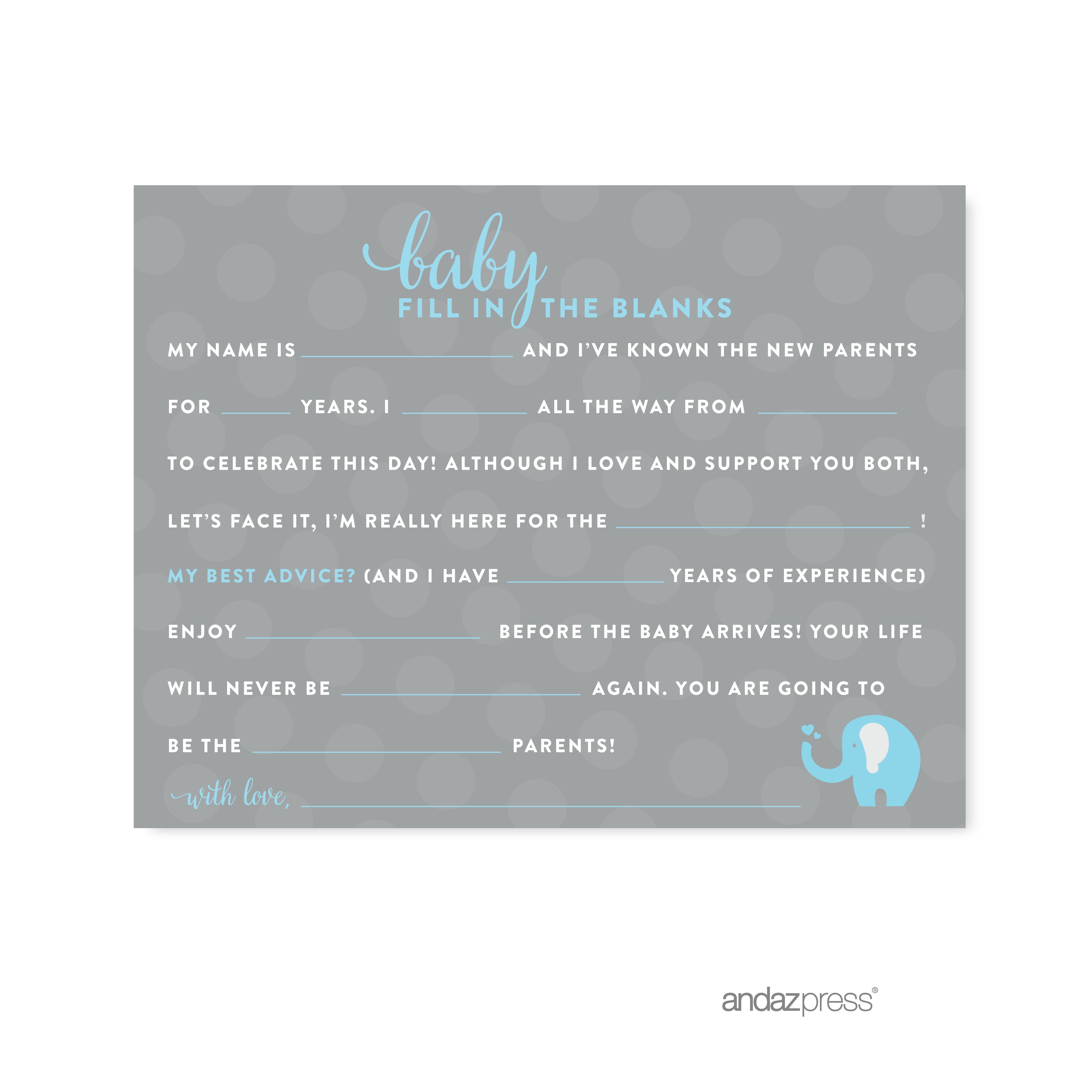 FillInTheBlank Gray Boy Elephant Baby Shower Games , 20Pack