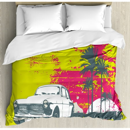 Grunge Queen Size Duvet Cover Set Retro Pop Art Stylized Vintage Grunge Queen Size Duvet Cover Set Retro Pop Art Stylized Vintage Cars With Palms Murky