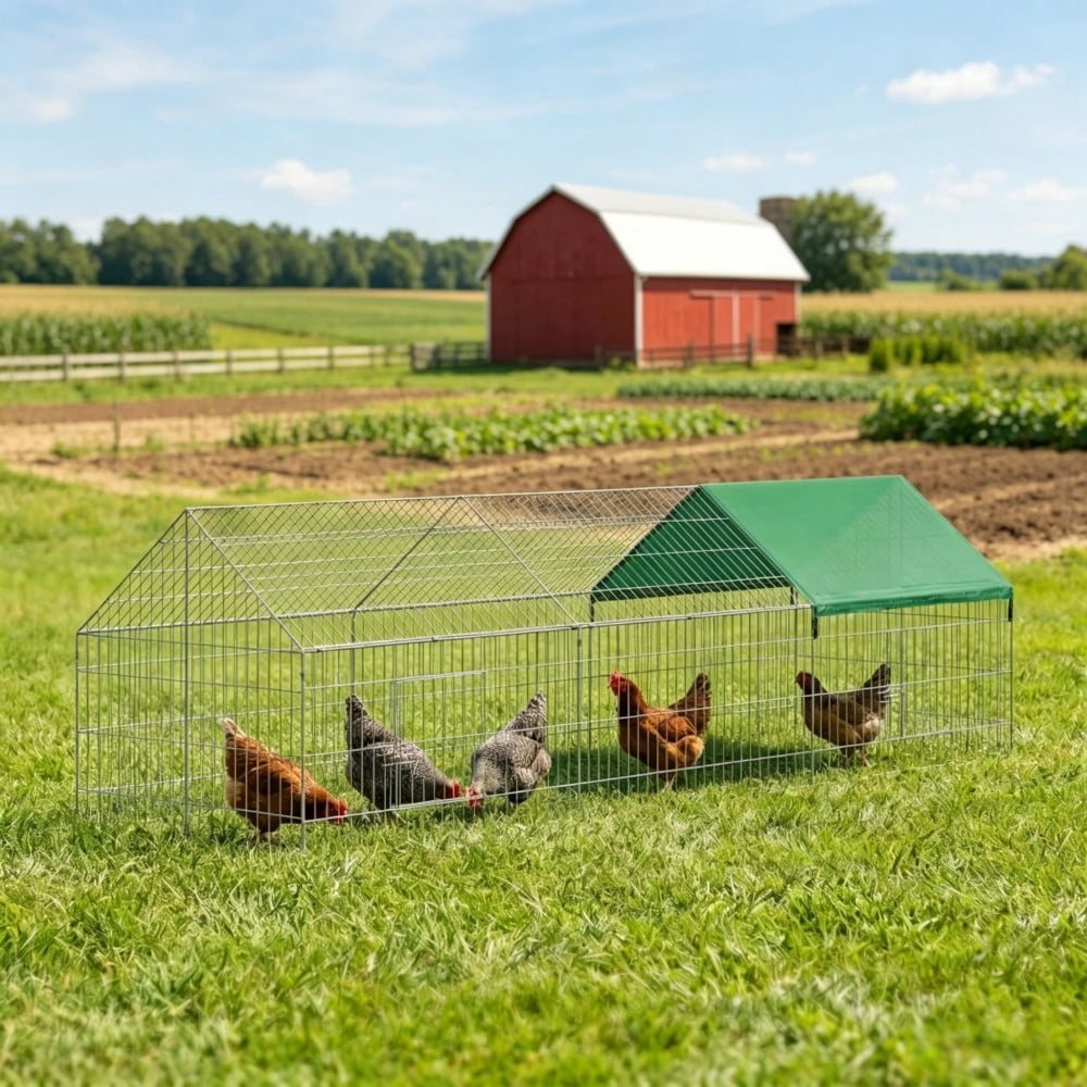 Long Outdoor Chicken Run Pen, Shade Oxford Canopy Powder Coated Steel Predator Proof Wire Mesh Rabbit Duck Kitten Playpen With Ground Stakes Locked Doors