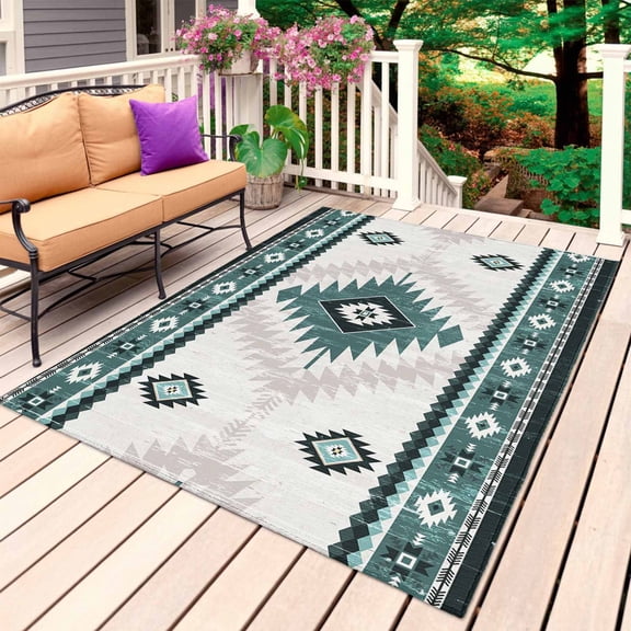 Green Beige Boho Outdoor Rug for Patio/Deck/Porch, Non-Slip Large Area Rug 5 x 8 Ft, Vintage Ethnic Tribal Southwestern Indoor Outdoor Rugs Washable Area Rugs, Reversible Camping Rug Carpet Runner