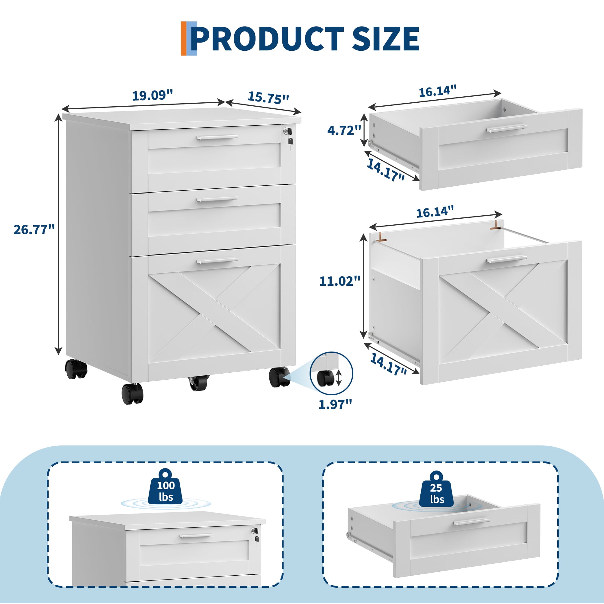 3 Drawer Locking File Cabinet with Wheels, Mobile Wooden Filing Cabinet for A4 Letter Legal Files, Rolling Under Desk Office Storage Organizer with Lock – White