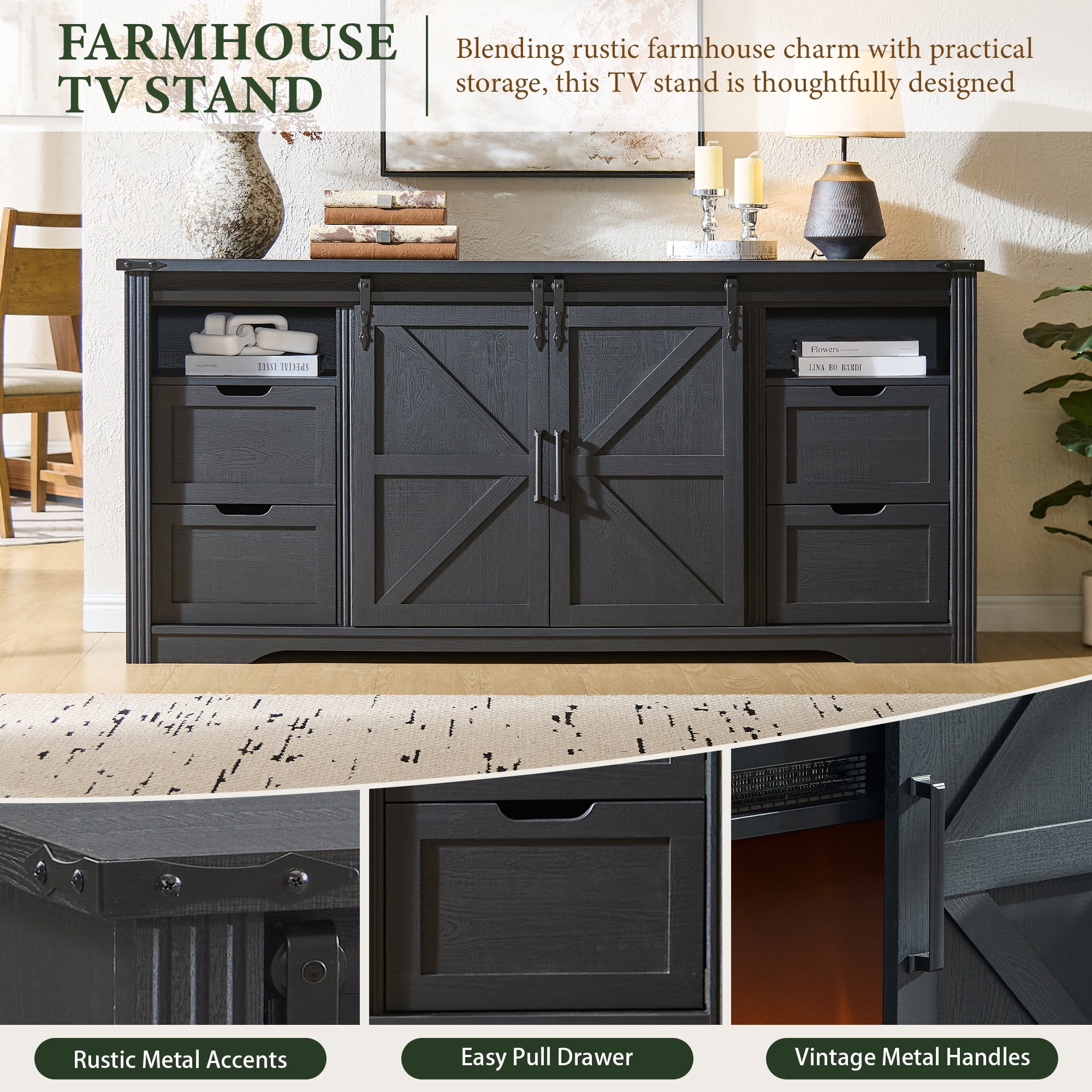 IFMUST Farmhouse Fireplace TV Stand for TVs up to 80", 30" Electric Fireplace & Barn Door