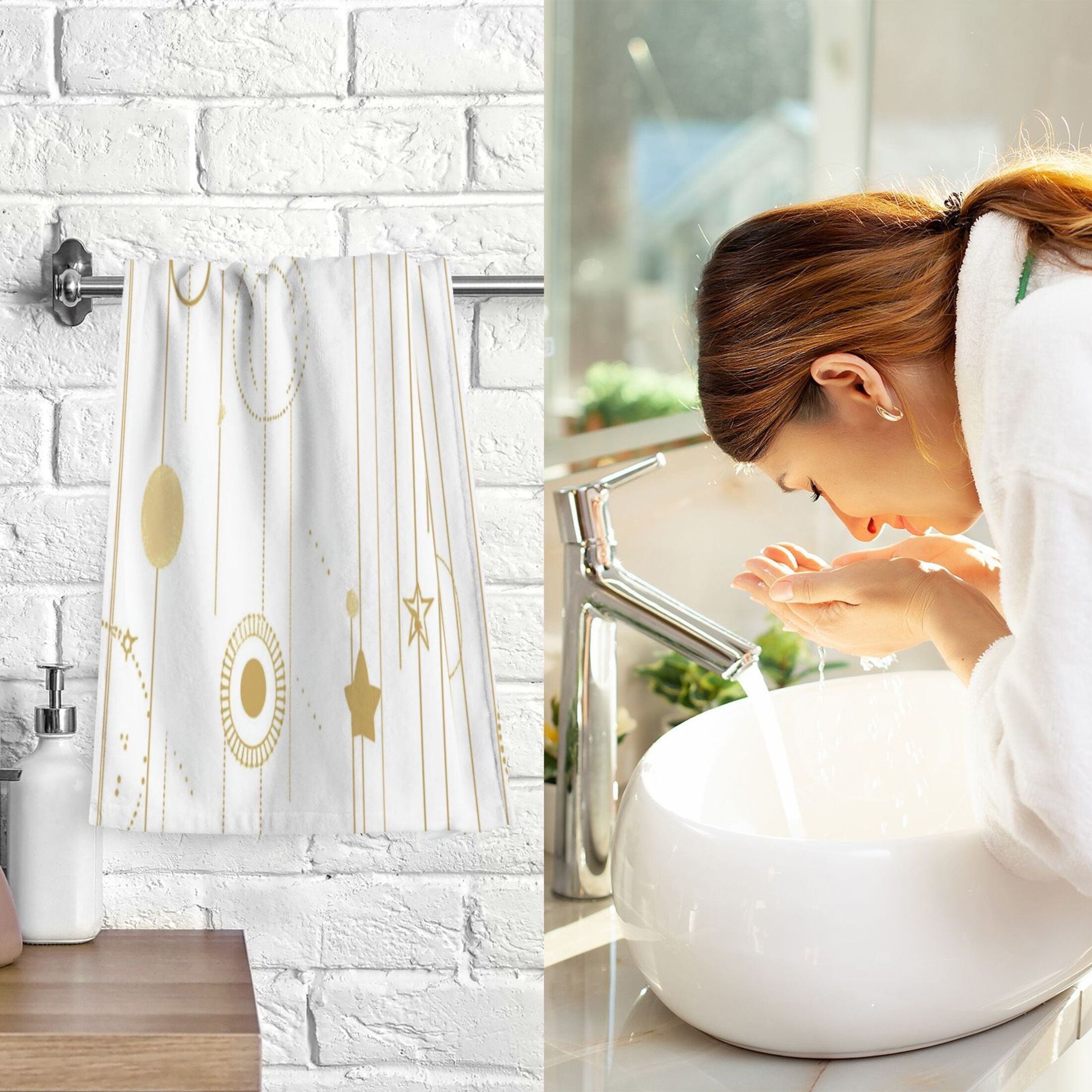 2 Pcs Absorbent Face Towel Bath Hand Towels Soft Breathable Cotton Towel Set for Bathroom Kitchen Hotel Spa Decor Gold and White Geometric Pattern