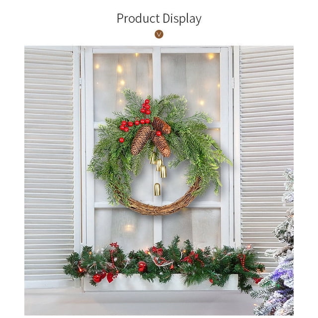 Clásica corona navideña para la puerta principal - Corona artificial de 40 cm con piñas, bayas rojas y campanillas doradas - Decoración navideña interior/exterior