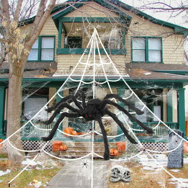 Decoraciones gigantes de telaraña de Halloween, telaraña gigante triangular, telaraña gigante de Halloween, telaraña elástica, fiesta de Halloween aterradora, conjunto de decoración para interiores