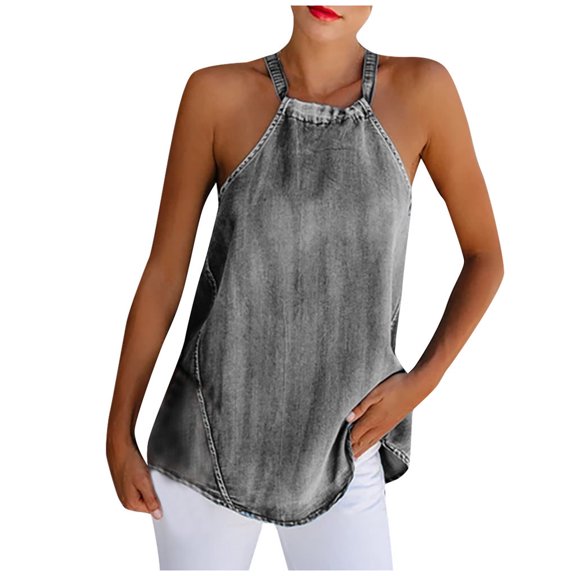 Babysbule Womens Summer Tops Fashion Women Casual Solid Denim Sleeveless Vest T-Shirt Blouse Halter Tops
