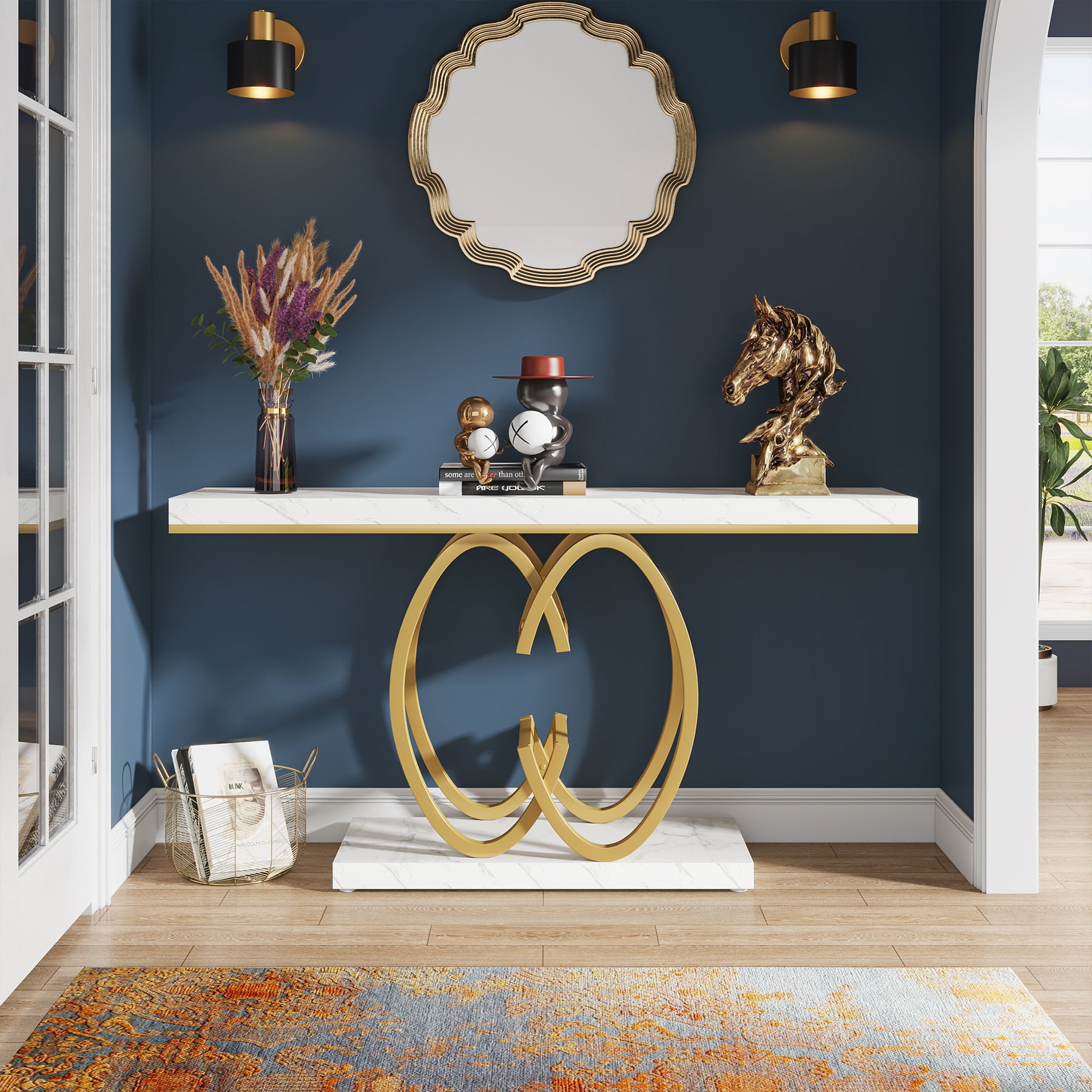 Tribesigns Modern Faux Marble Console Tables, 55.12" Narrow sofa Entryway Tables with Metal Base for Living Room, Hallway and Foyer,White & Gold
