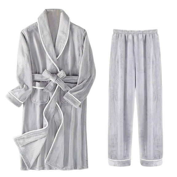 SHTXOZHI Mens Fleece Robe Flannel Warm Bathrobe with Belt Pocket Winter Sleepwear with Pants