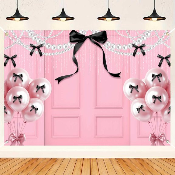Black Bow Backdrop, Pink Castle Wall Photography Backdrop, Birthday Wedding 3.3ft x 5ft