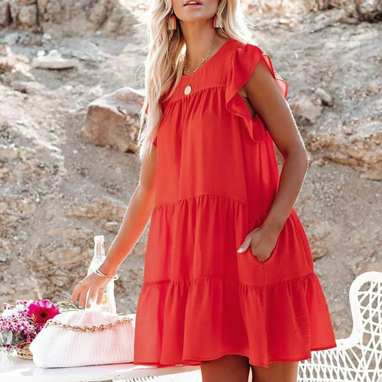 Women s Ruffle Cap Sleeve Babydoll Short Dress Tiered Loose Flowy A Line Mini Dresses with Pockets Casual Summer Large Red Walmart