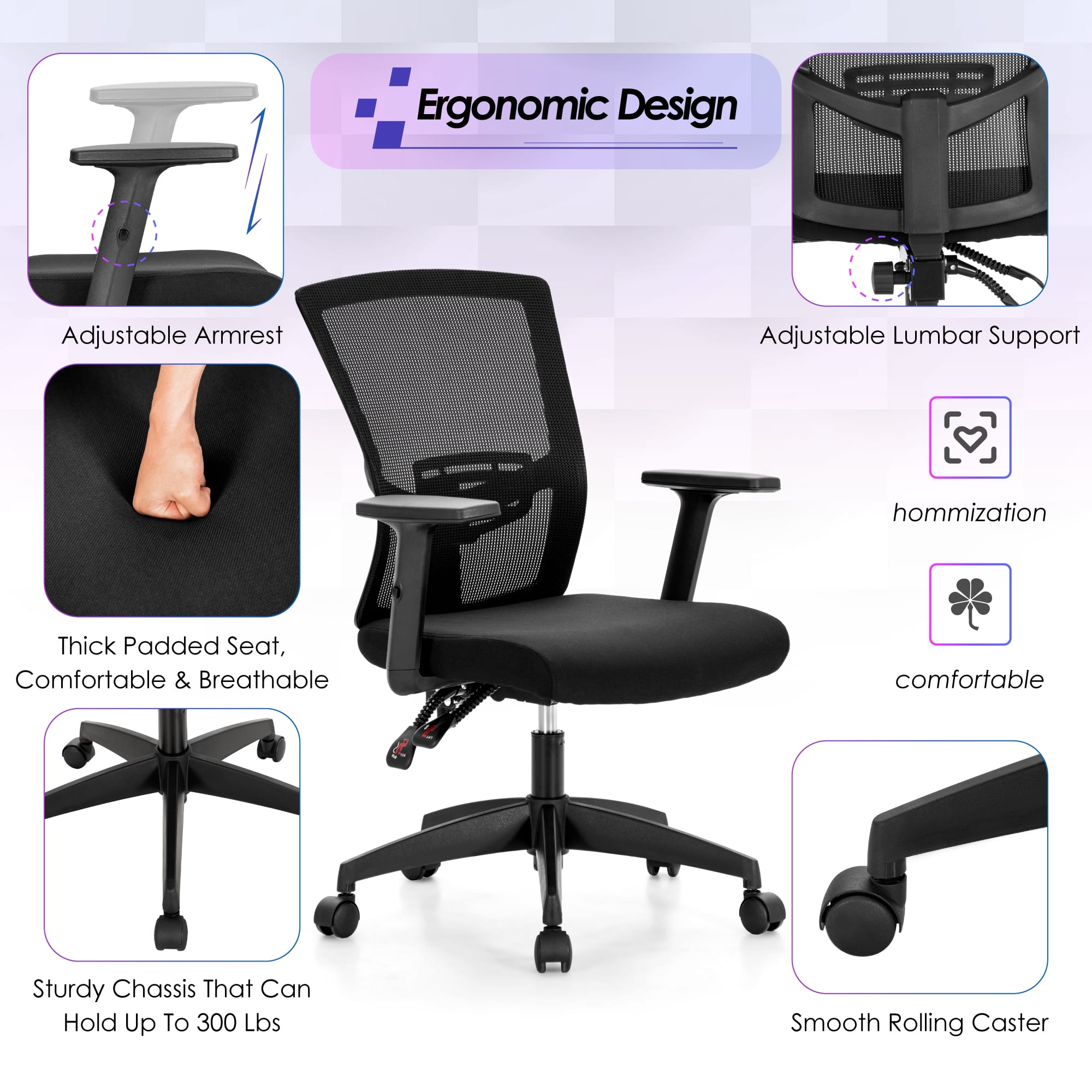Summit Living Ergonomic Mesh Office Chair Mid Back Computer Chair with Adjustable Lumbar Support, Armrest&Seated for Home Office, Black