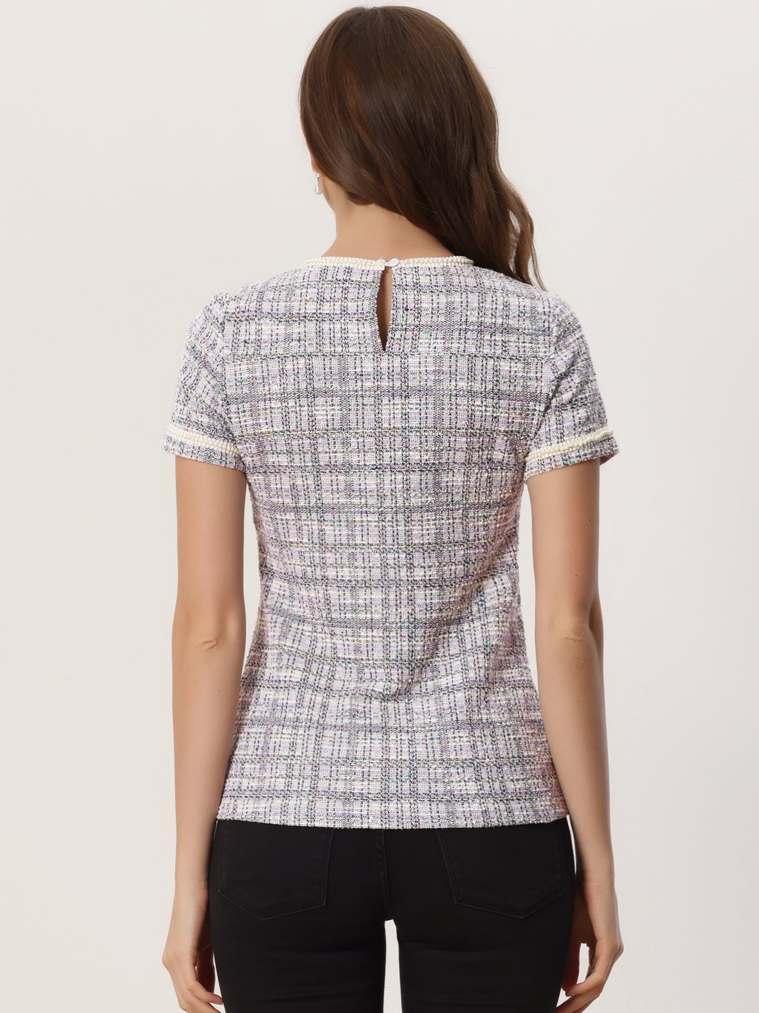 DARING DIVA Women's Round Neck Short Sleeve Tweed Top M Apricot