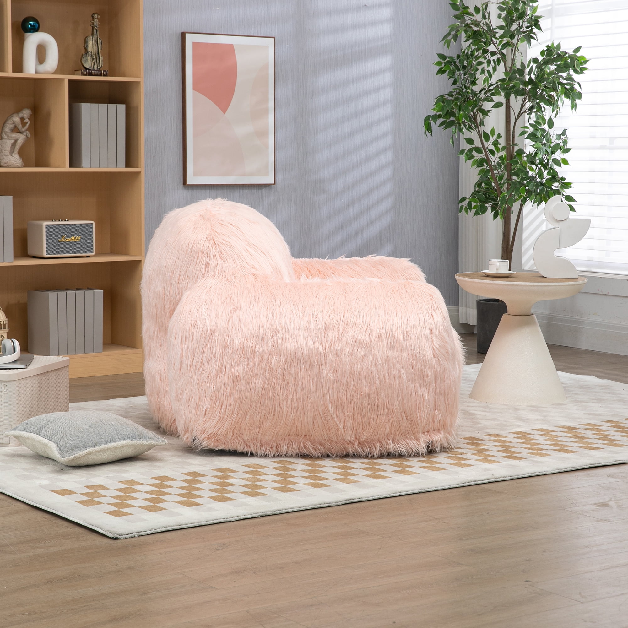 Large Comfy Faux Fur Bean Bag Chair, Modern Soft Fluffy Plush Chair Lazy Sofa with Footrest, Armrests and High Density Foam Padded for Adult, Teen, Pink