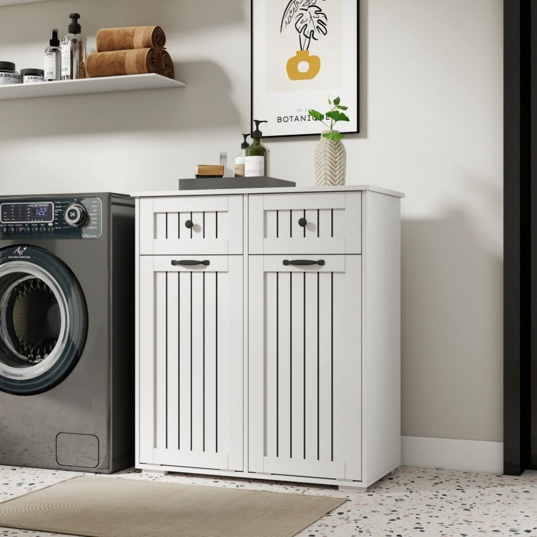 Laundry Cabinet with 2 Removable Baskets and 2 Drawers, Double Laundry Hamper with Sorting Compartments, Freestanding Storage Cabinet Organizer, White