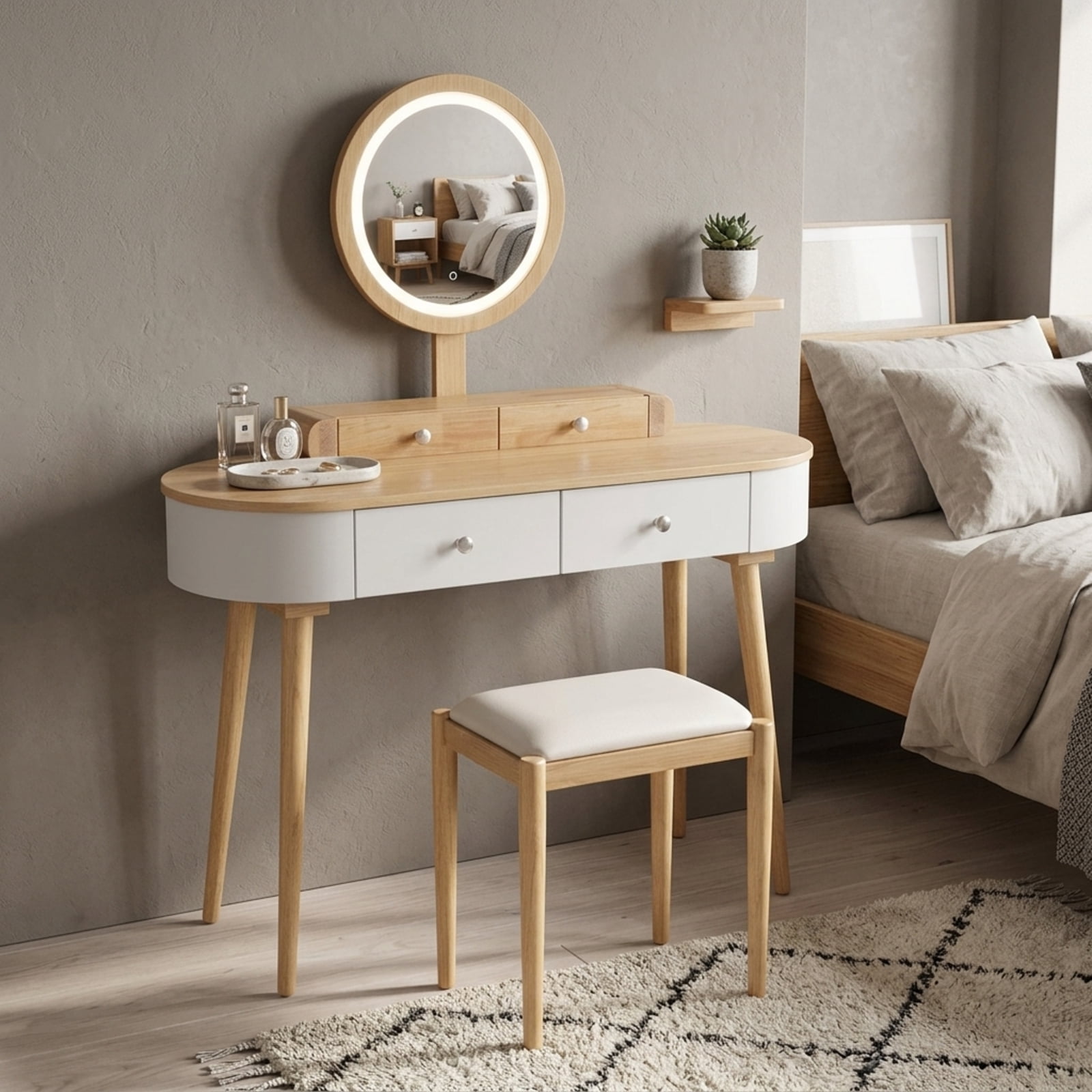 Furnibear Makeup Vanity Table Set with LED Mirror and 3 Spacious Drawers for Bedroom Makeup Dressing Room Vanity Desk Mirror Set, Natural