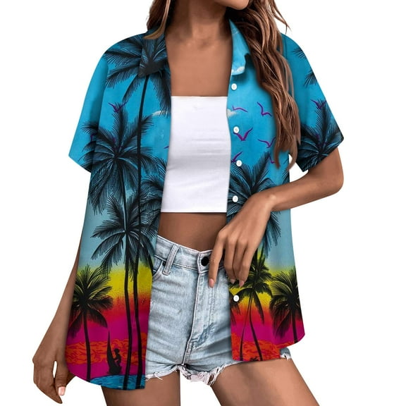 Huresd Hawaiian Shirts for Women Soft Hawaiian Tropical Palm Tree Print Blouse Dress Shirt New Button Down Collar Short Sleeve Party Vacation Shirt L Blue