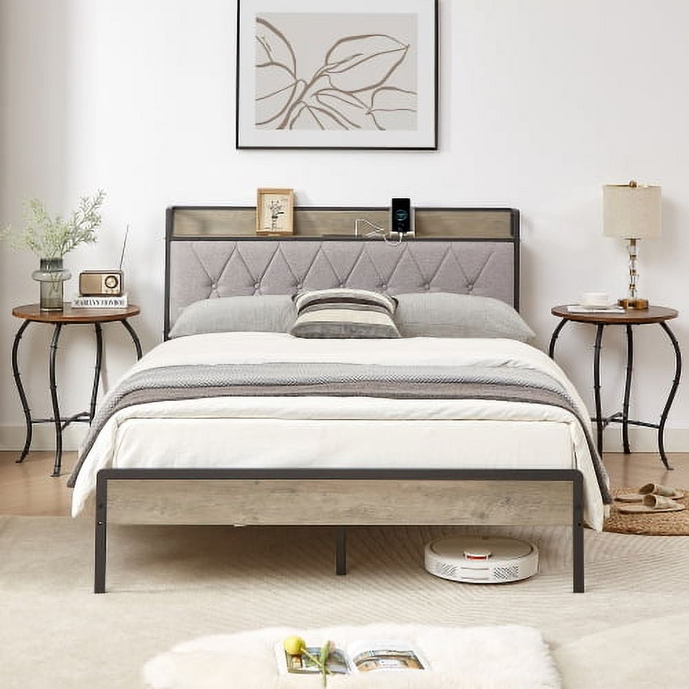 BSHTI Bed Frame with Charging Station Full Size, Grey, 83.1'' L x 56.1'' W x 39.2'' H.