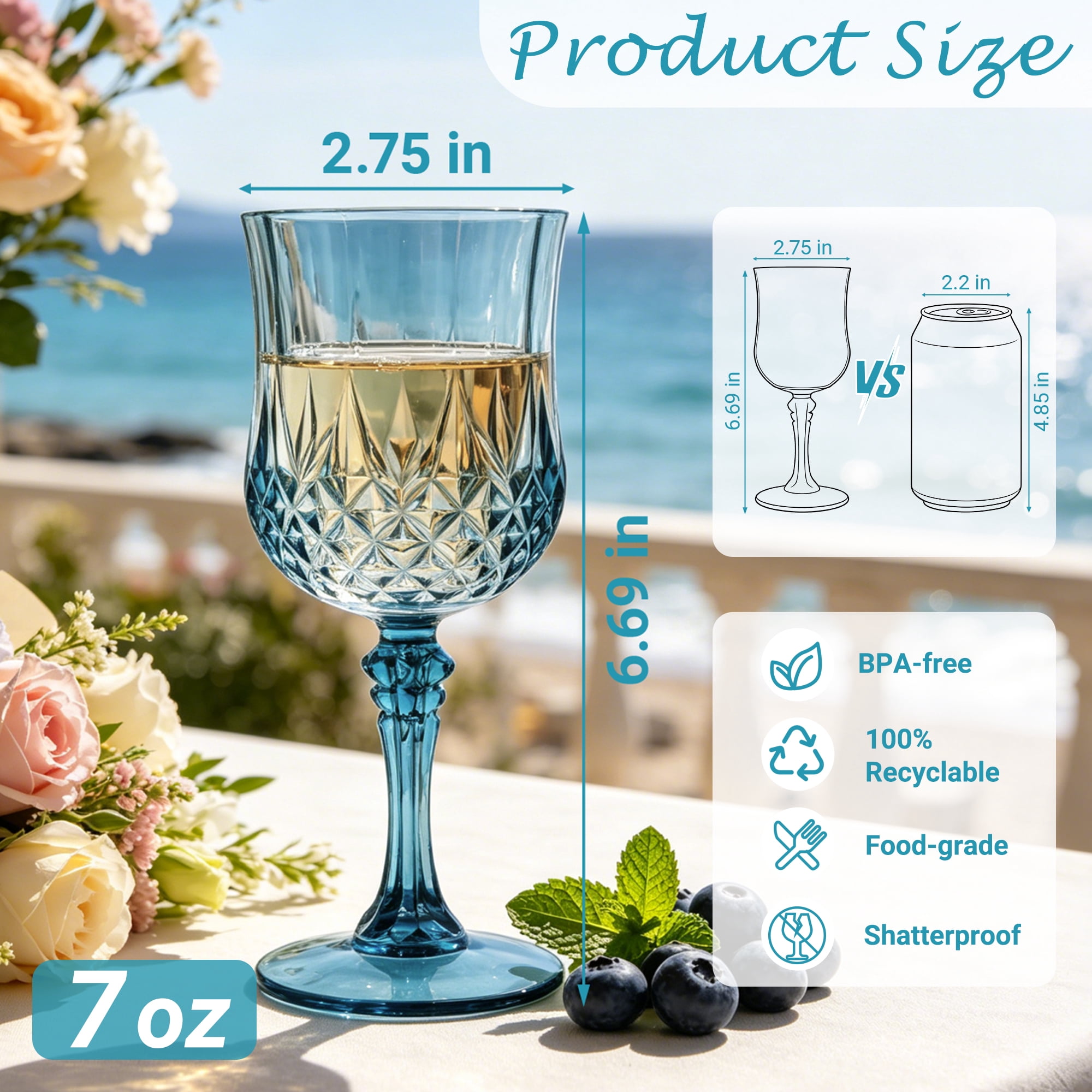 ZHURUININ Reusable Plastic Wine Glasses ，Blue，7oz，24Pack