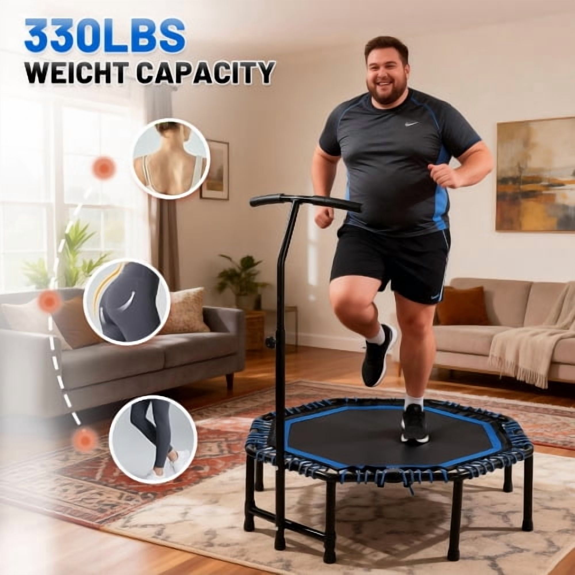 48 inch Foldable Fitness Trampoline for Adults, 450lbs Capacity Heavy Duty Rebounder with Adjustable Handlebar, Quiet Durable Bungee Rope, Low Impact Cardio & Strength Training Equipment for Home Gym