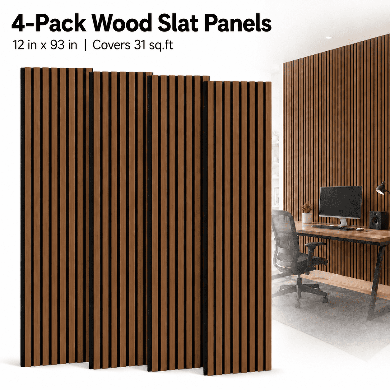 Yeslife 4-Pack Wood Slat Acoustic Wall Panels, 12 in. x 93 in., Walnut MDF, Sound Absorbing, Interior Accent Wall, 31 sq. ft.