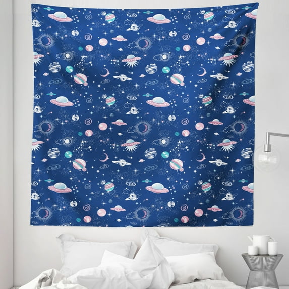 Blue Sky Tapestry, Abstract Saturn UFO Aliens Galaxy Planets Clouds on Dark Tone Background, Fabric Wall Hanging Decor for Bedroom Living Room Dorm, 5 Sizes, Dark Sky Blue White, by Ambesonne