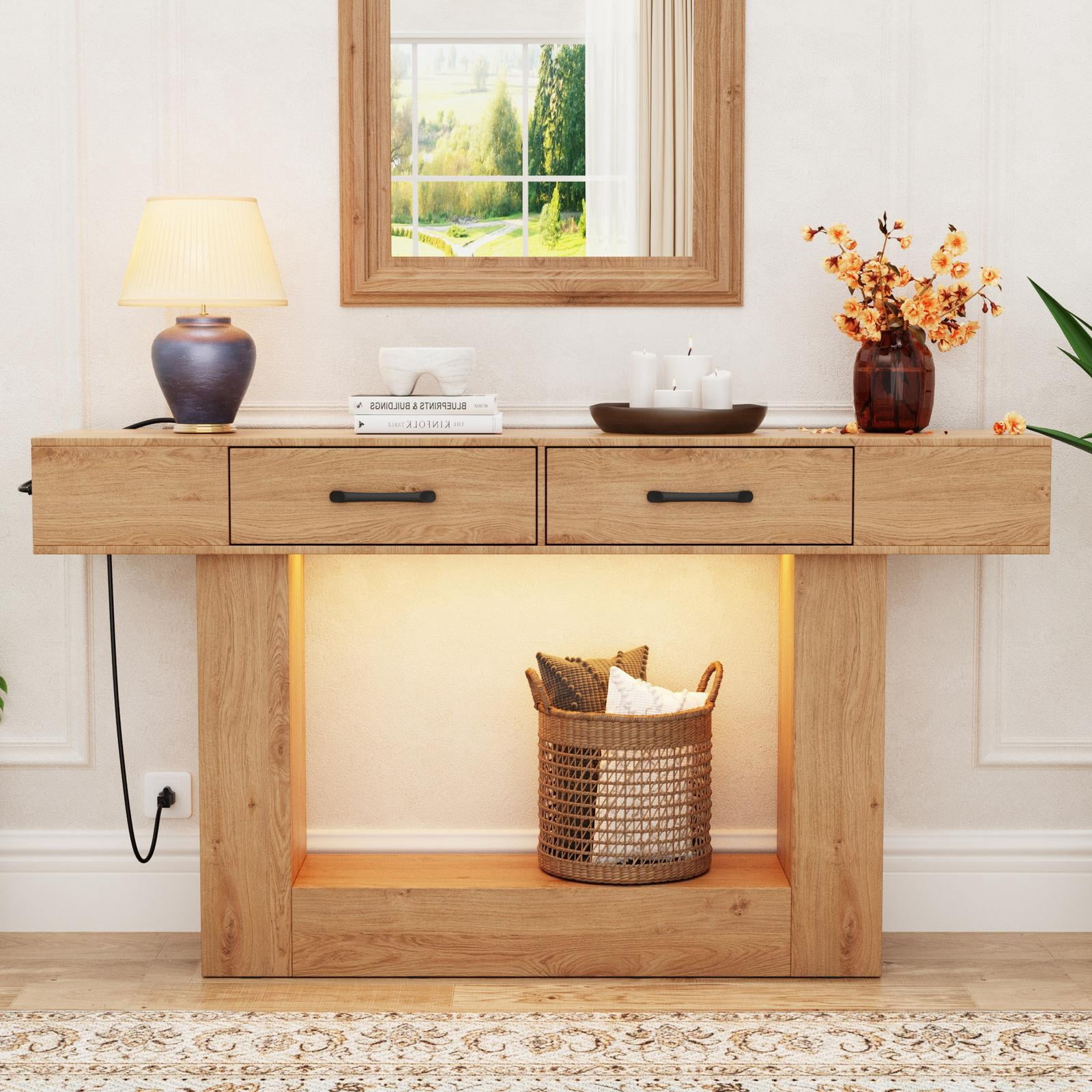 Console Tables for Entryway, Holaki 63" Long Console Table, Modern Farmhouse Entryway Table with Outlet, LED Strip & 2 Drawers for Living Room Office