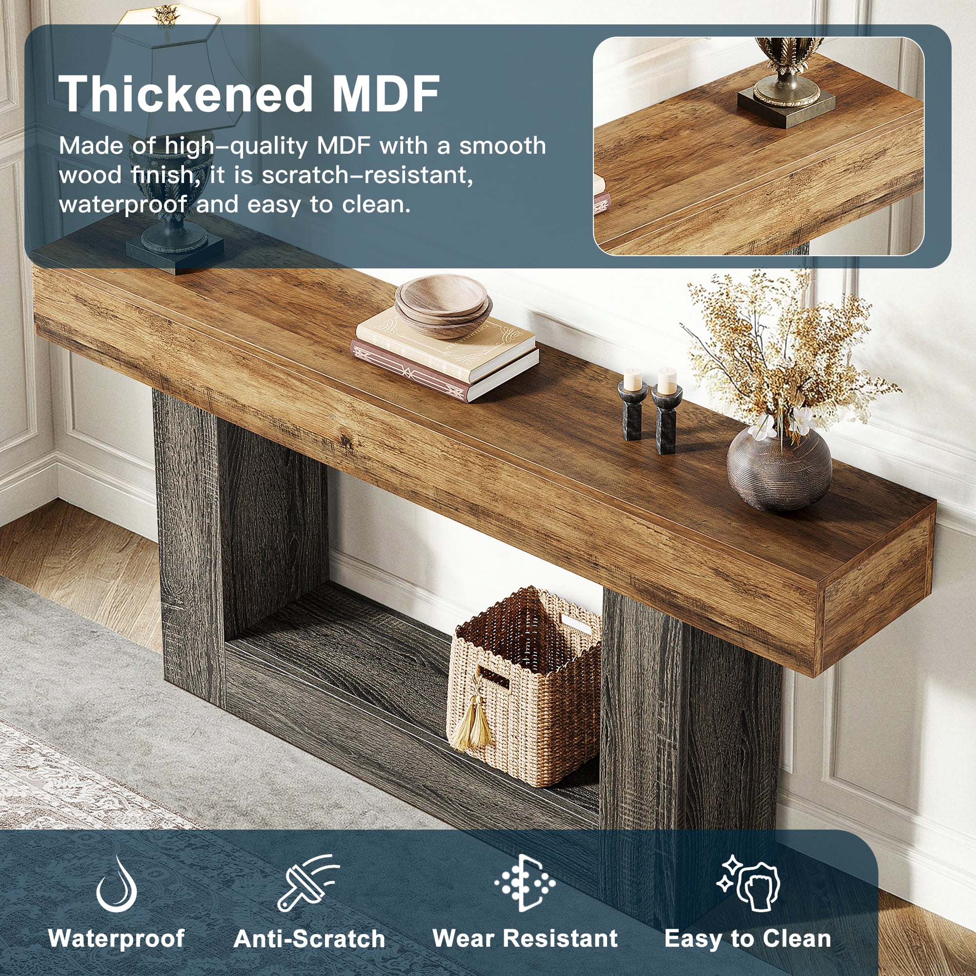 Demi Bonn 63" Wood Console Table, Farmhouse 2-Tier Sofa Table Entryway Table, Foyer Display Table, Brown + Gray