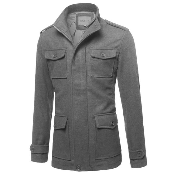 FashionOutfit Men's Classic Long Sleeves Zipper & Button Closure Wool Blend Coat