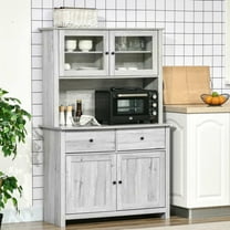 Resenkos 63.5" Kitchen Buffet and Hutch Storage Cabinet, Boasts Framed Glass Doors, Four Shelves, Drawers, and an Open Countertop, Ash Grey