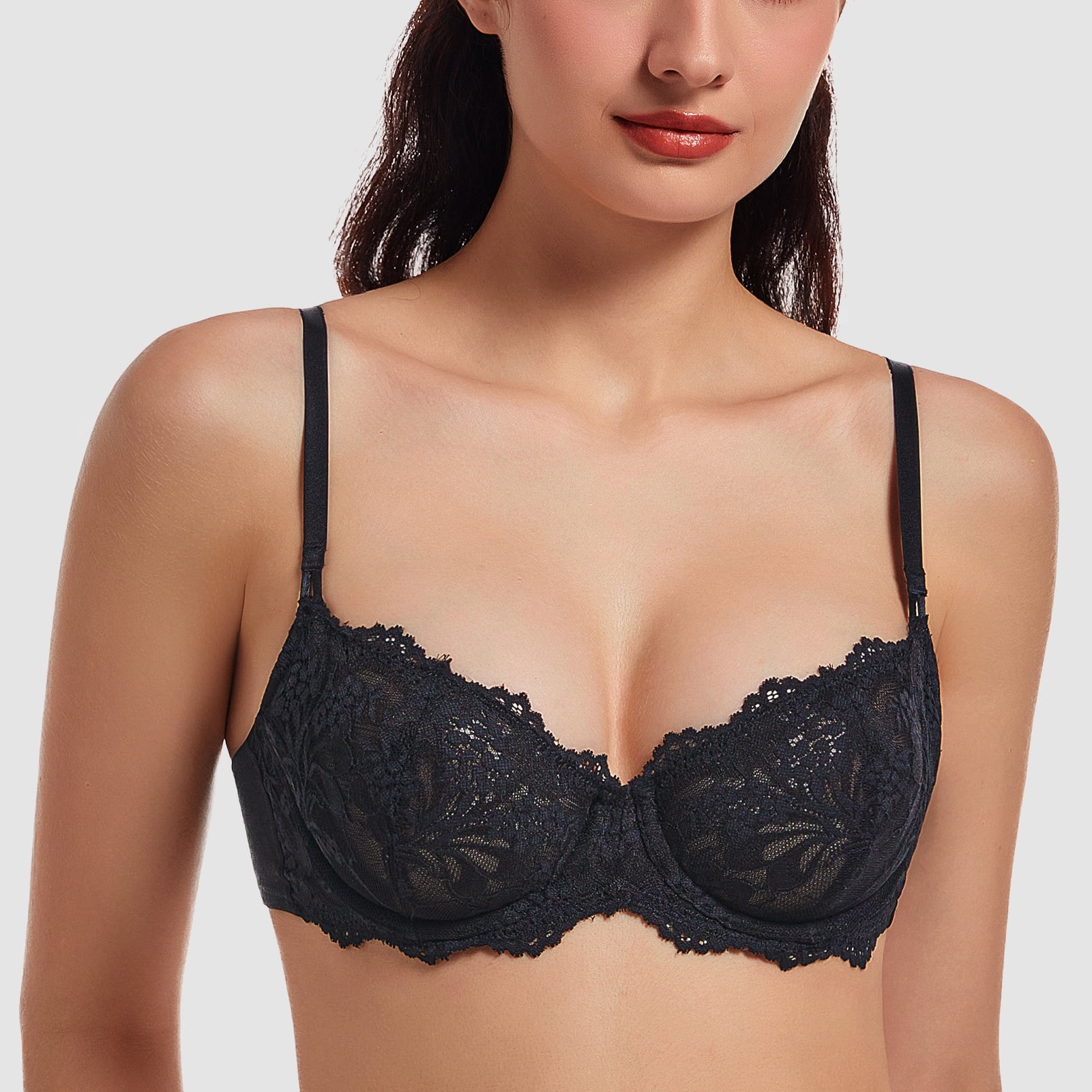 MELENECA Women's Sexy Lace Push Up Plus Size Sheer Balconette Underwire Unlined Bra Black 34A