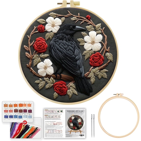 Halloween Embroidery Kit for Beginners, Rrow Pre-Stamped Pattern Kits for Adults with Hoop, Easy to Follow Color Thread Needlework, 8'' Hoop