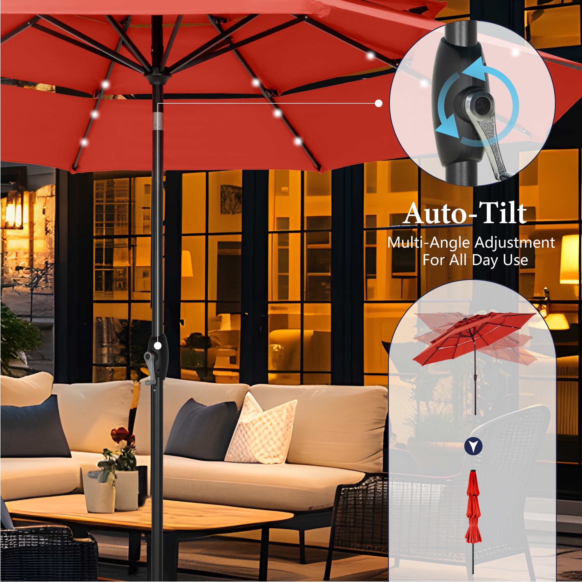 Summit Living 10ft Patio Umbrella with Solar Lights 3-Tier Vented Outdoor Market Umbrella with Auto-Tilt – Orange Red