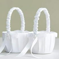 Shenmeida 2PCS Wedding Flower Girl Baskets, Satin Bowknot Flower Baskets Pearl Collection - White