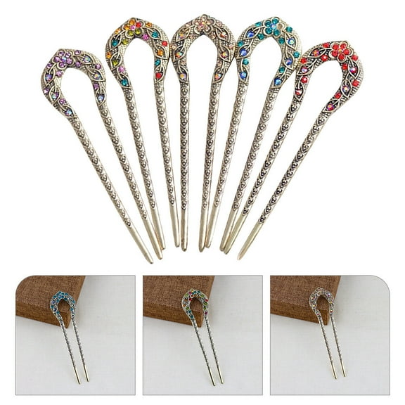 WHAMVOX Rhinestone Hair Pins for Women Assorted Color Alloy Vintage Hair Sticks for Long Hair Bun 5 Pieces