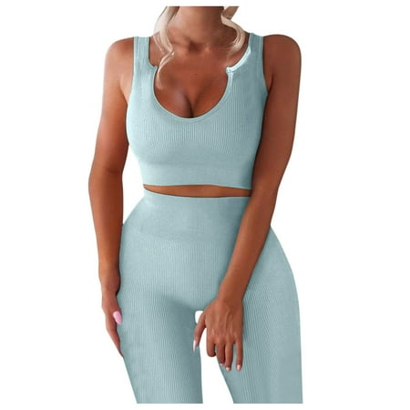

Dadaria 2 Piece Outfits for Women Pants Sets Casual Two Piece Sleeveless Seamless Ribbed Crop Tank High Waist Yoga Pants Sets Blue M Female