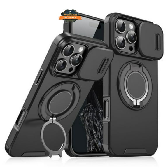 For Apple iPhone 16 Plus (6.7") Hybrid 360° Rotatable Magnetic Ring Stand with Camera Slide Protector [Compatible with MagSafe] Phone Case Cover by Xpression - Black