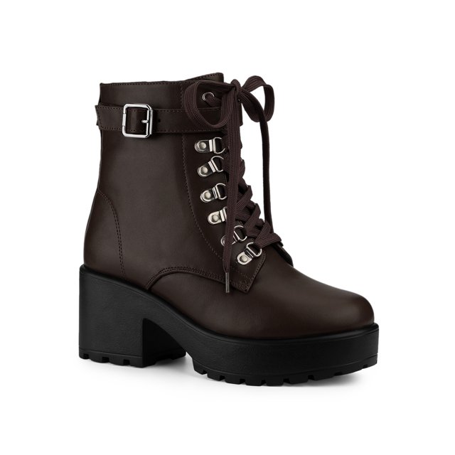 Unique Bargains Bottes de Combat à Cheville à Plateforme à Talon Épais pour Femme Café (Taille 7,5)