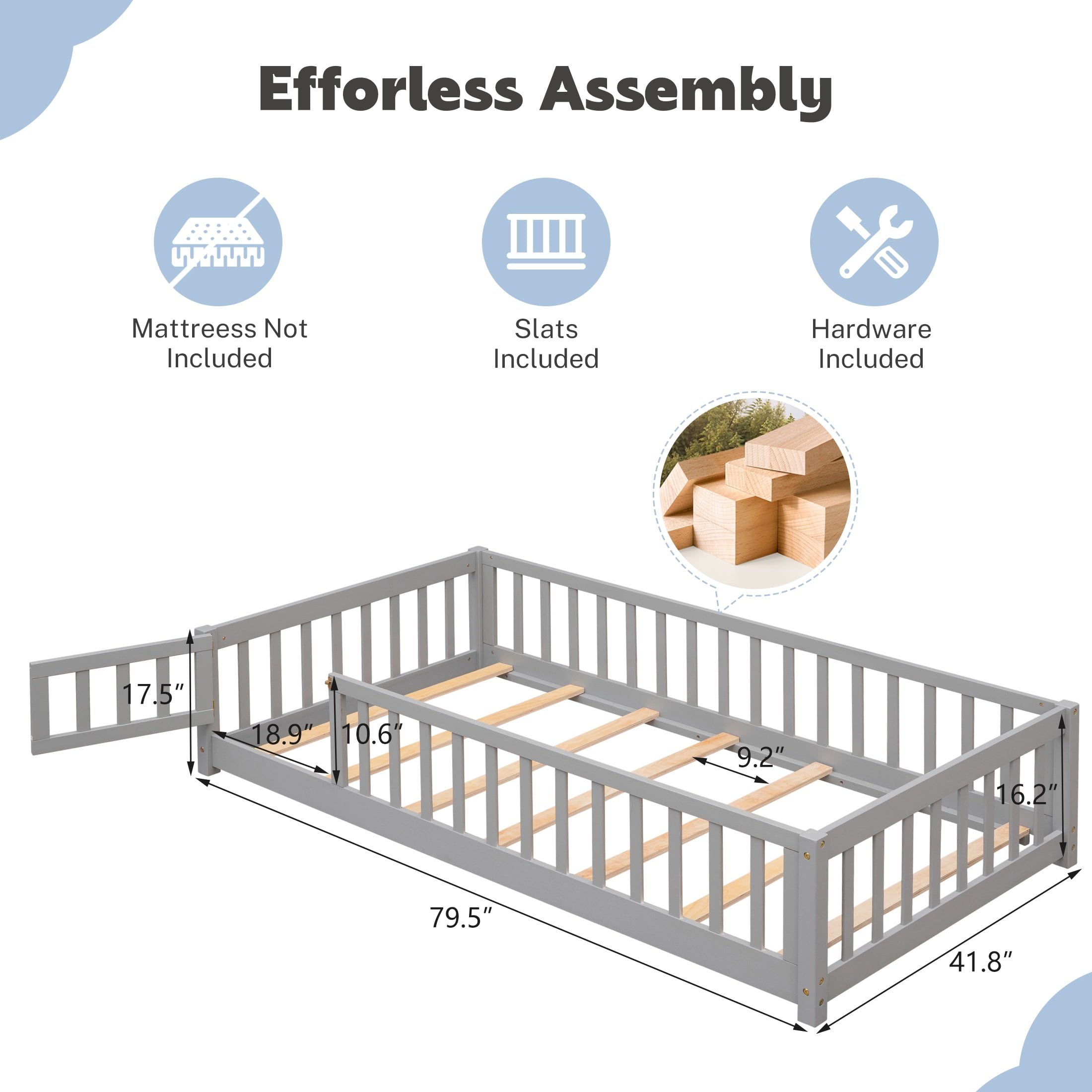 PAPROOS Twin Montessor Floor Bed, Solid Wood Toddler Bed with Safety Guardrail and Door, Easy Assembly, Low-to-Floor Bed Frame with Slats for Kids, Gray