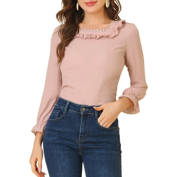 Allegra K Women's Elegant Ruffle Square Neck Puff Long Sleeve Chiffon Blouse M Grey Pink