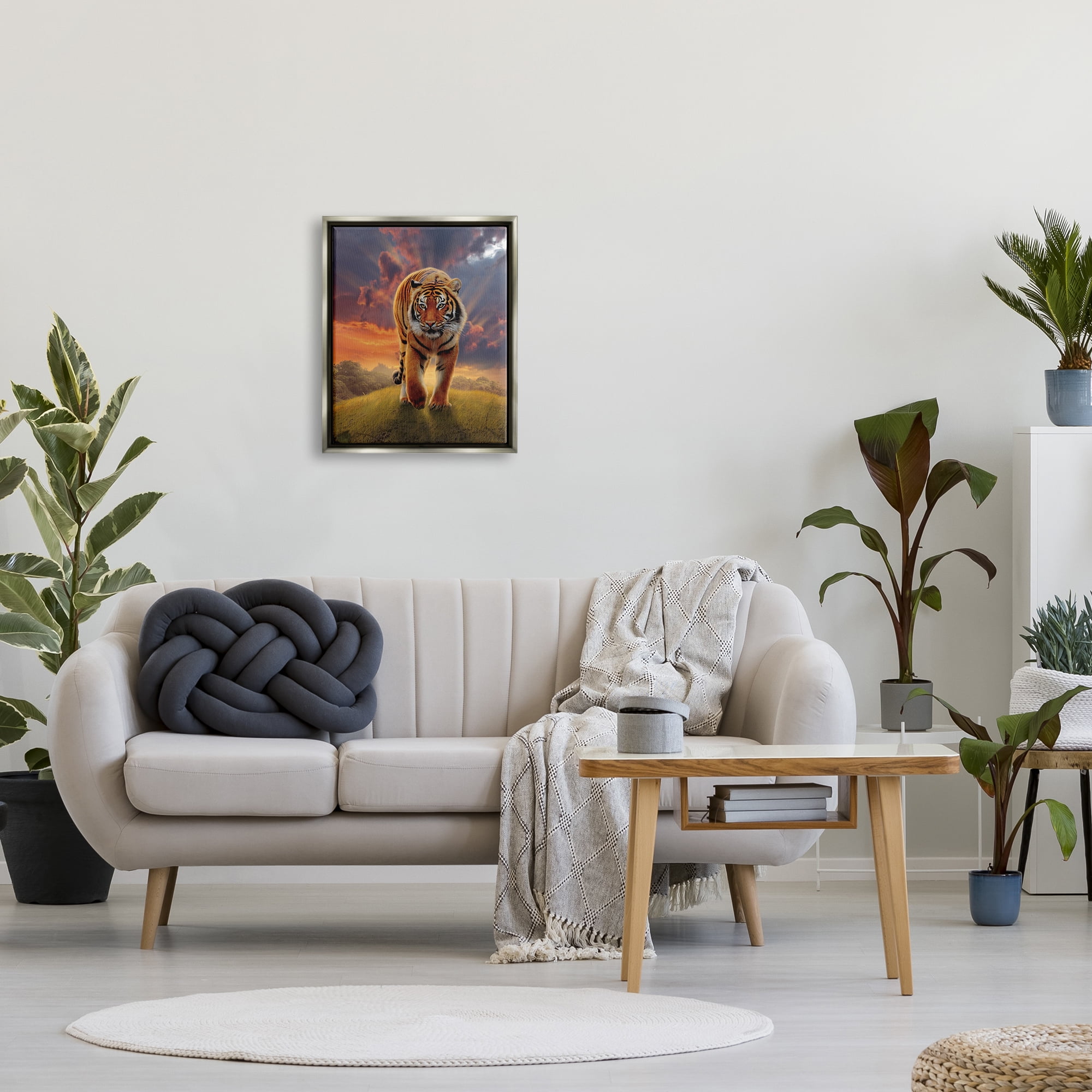 Stupell Industries Rising Tiger Sunset Animals & Insects Painting Gray Floater Framed Canvas Art Print Wall Art, 17 x 21