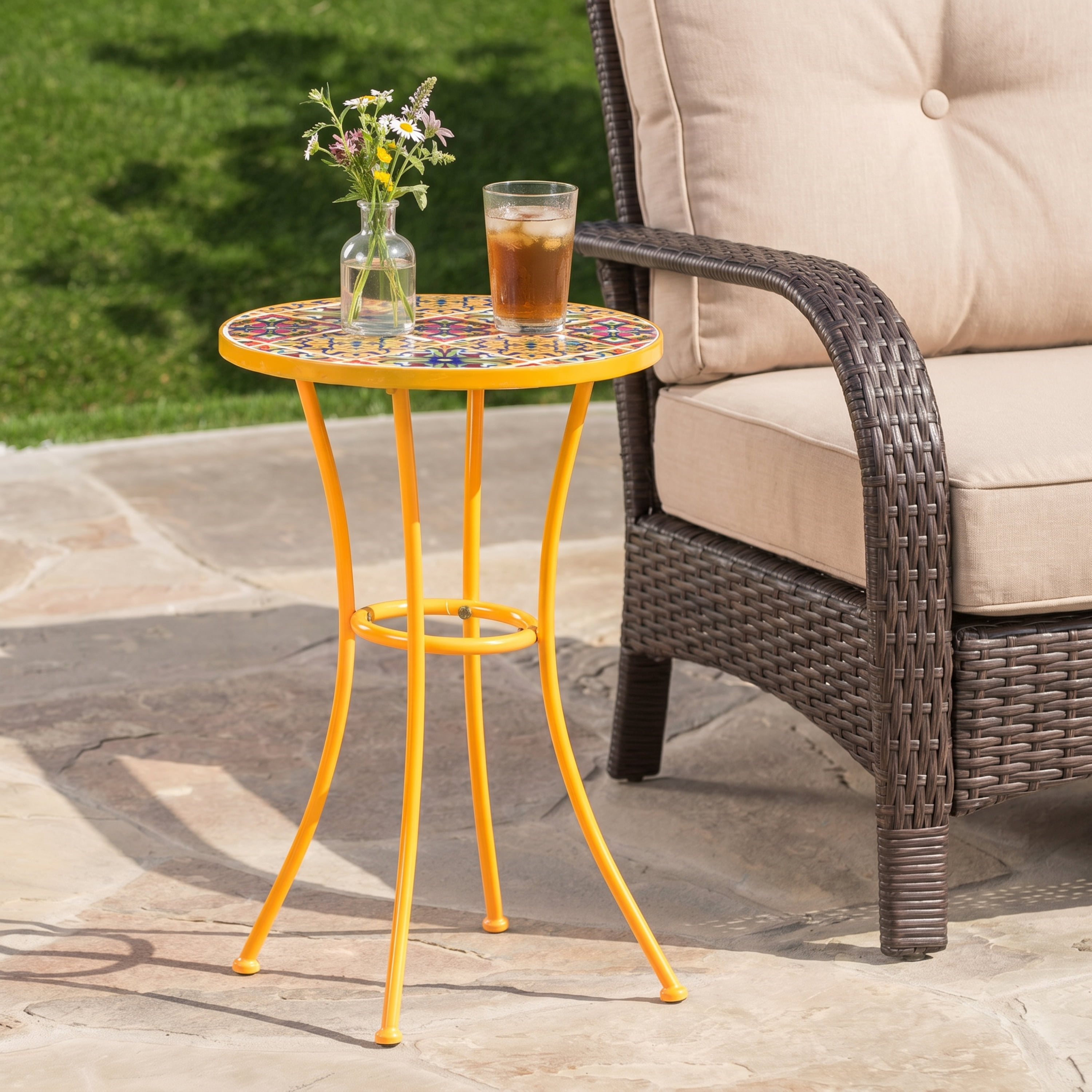 Leumius Outdoor Side Table with Tile Mosaic Top & Metal Legs,14" Square Accent Table for Patio/Garden/Balcony,Yellow