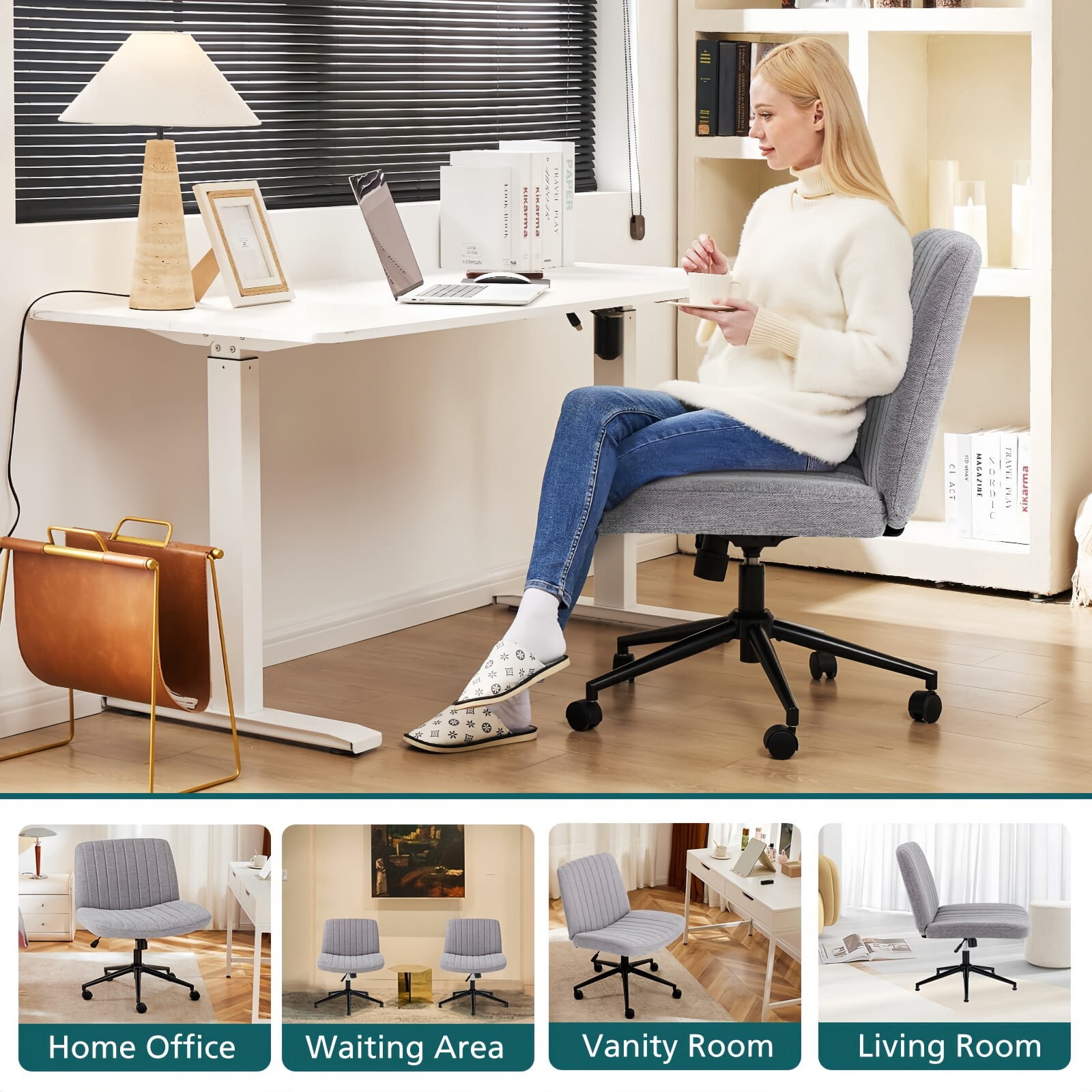 Kelno Armless Criss Cross Office Chair with Wheels 300lb Capacity Wide Seat Cross Legged Desk Chair Height Adjustable Swivel Vanity Chair, Gray Linen