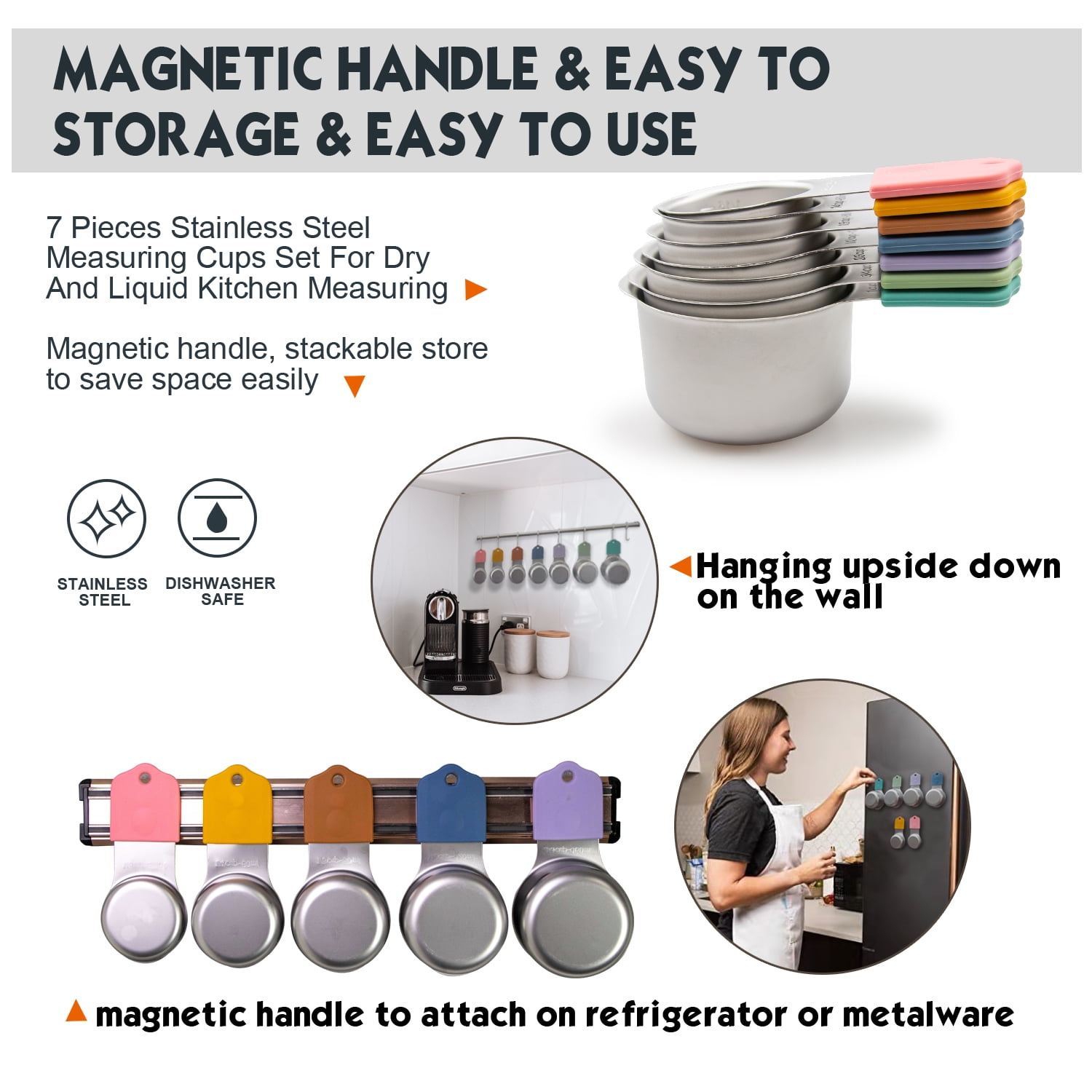 Stainless Steel Magnetic Stackable Collapsible for Liquid Dry Ingredients Measuring Cup Set, Set of 7, Multi-Color