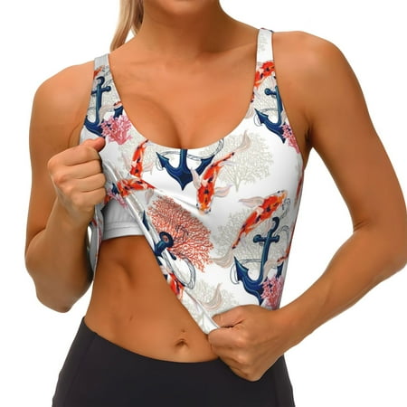 Qokaie Koi Fish And Corals Pattern Womens Scoop Neck Sports Bra Breathable Workout Vest Padded U Back Medium Impact Fitness Gym Yoga Bra Workout Crop Top